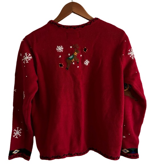 Vtg Designers Originals Red Rami Christmas Reindeer Embroidered Cardigan - Picture 7 of 16